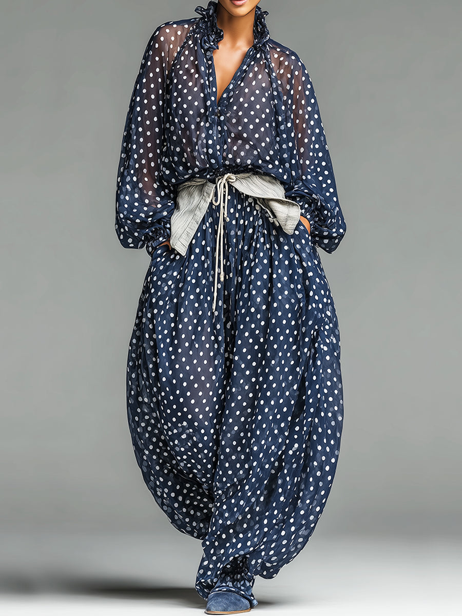 Ronja | Sæt med top og bukser med prikket print med chiffon med langærmet
