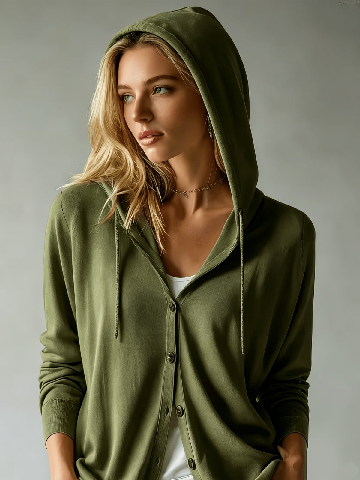 Signe | Militærgrøn cardigan med hætte og knapper