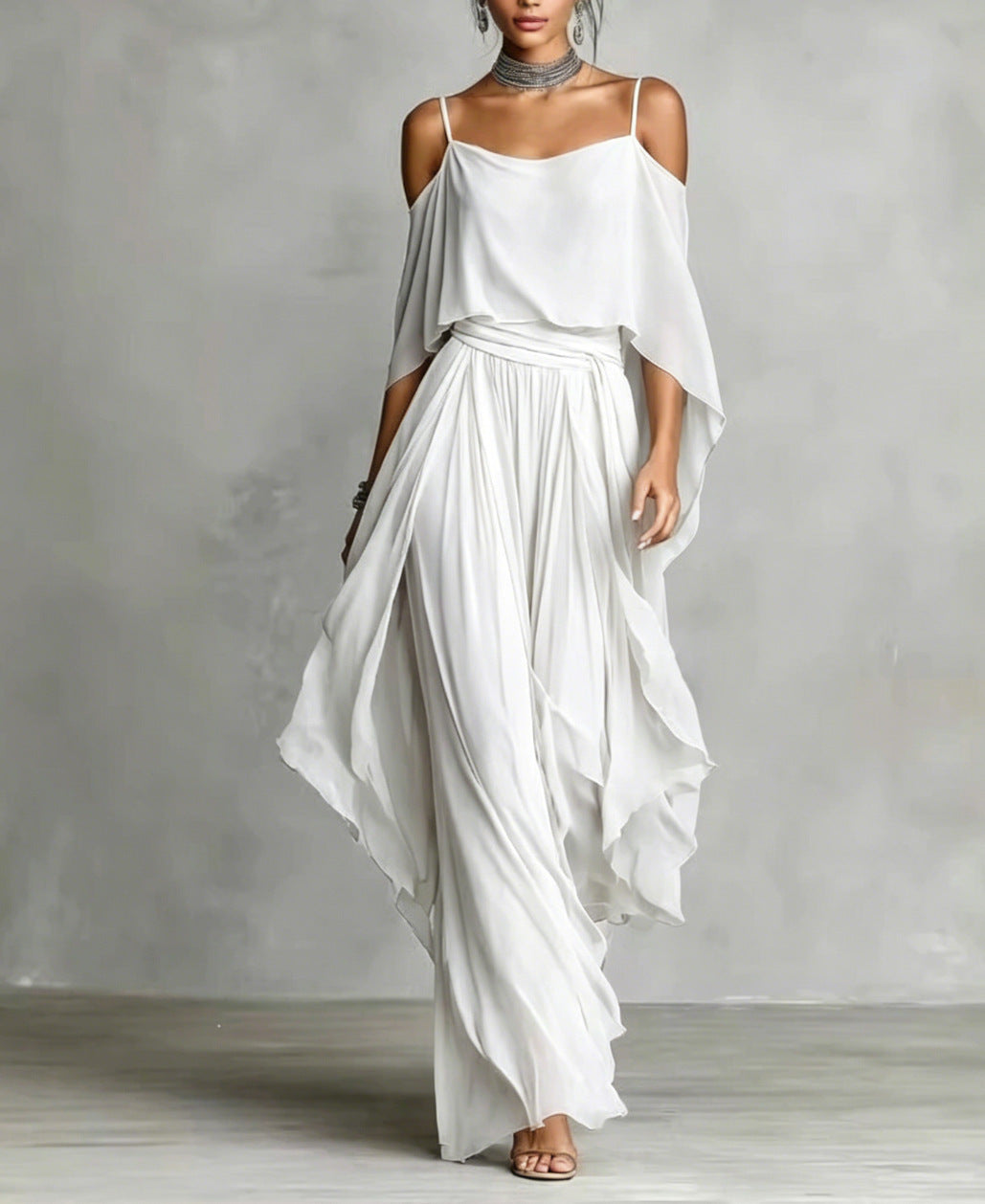Tina | Grå sæt med top og bukser med chiffon med off-shoulder