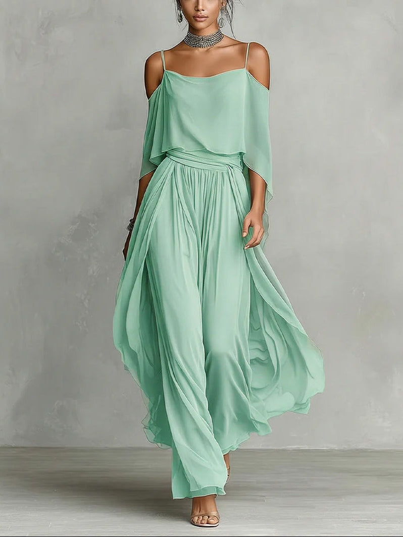 Tina | Grå sæt med top og bukser med chiffon med off-shoulder