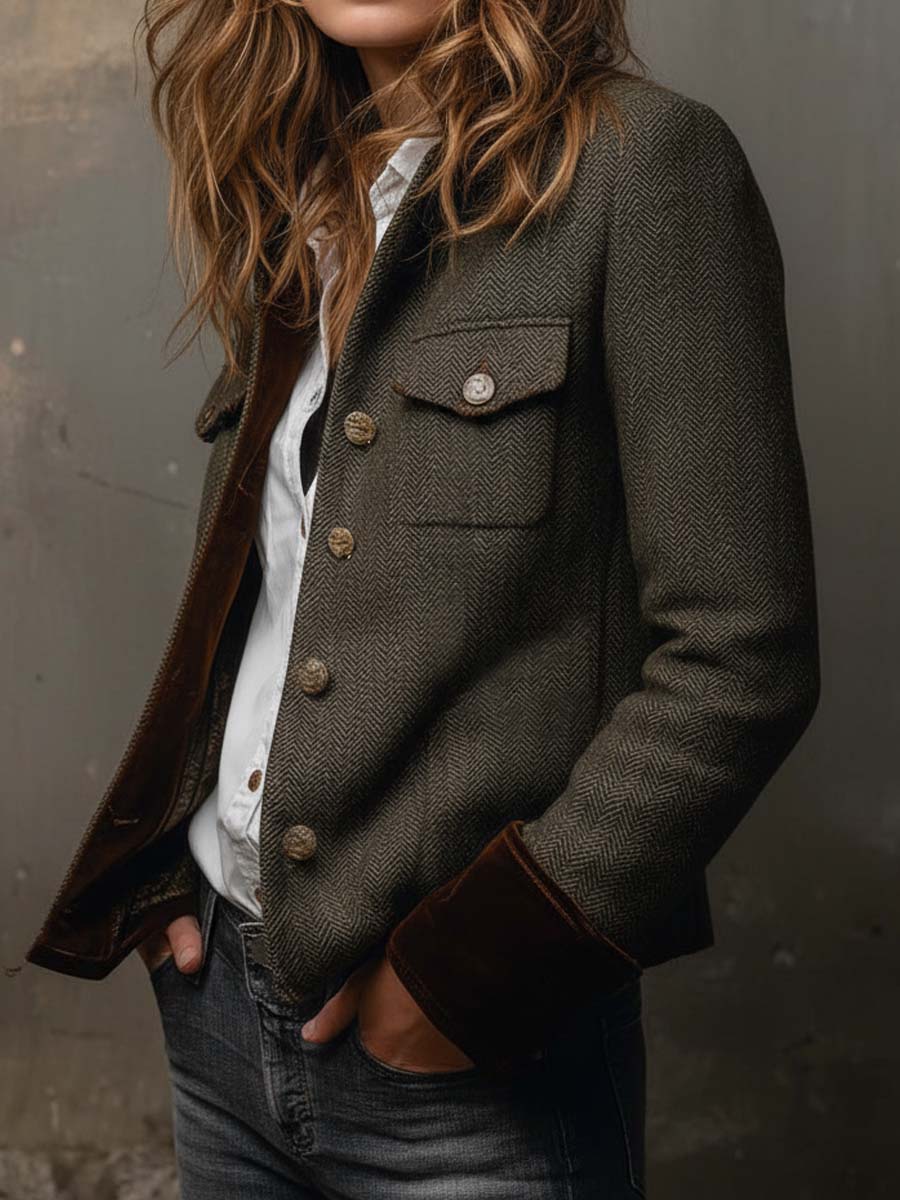 Frida | Vintage-blazer med sildebensmønster og kontrastkanter