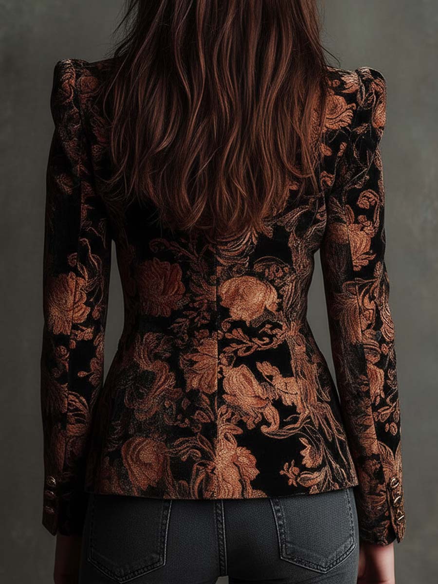 Ingrid | Figursyet blazer i sort og bronze med blomstermønster