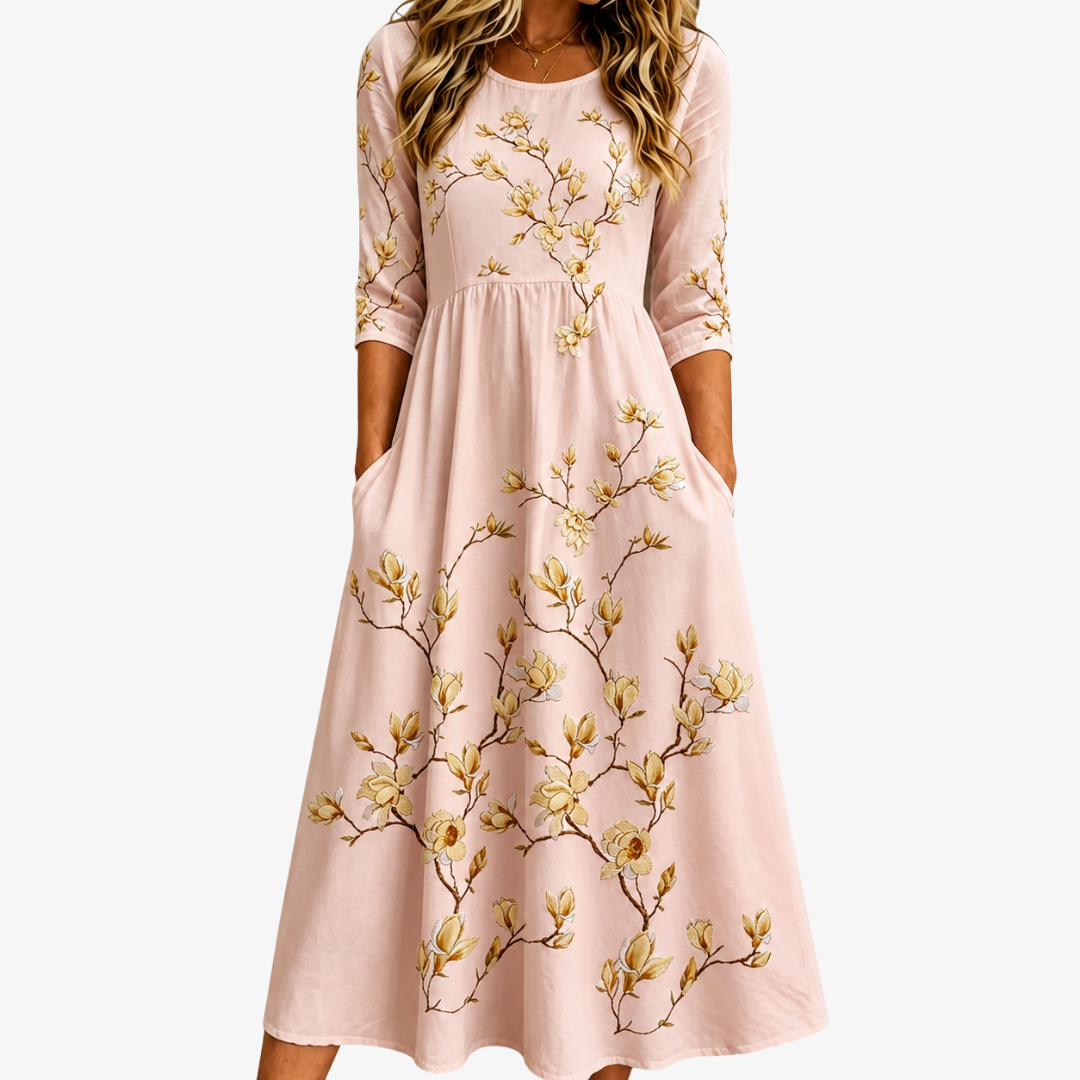 Trendé™ | Golden Magnolia Midi-Kleid mit Magnolienmotiv und Taschen