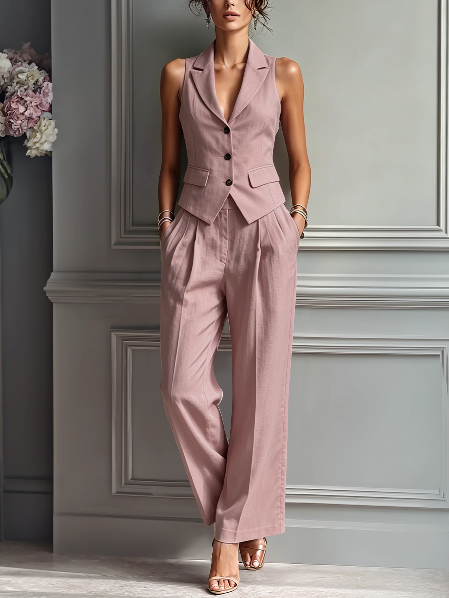 Victoria | linnedlook vest- og buksesæt med vide bukser