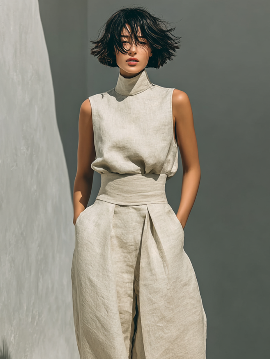 Liv | Stilrent linnedlook bluse- og buksesæt med vide bukser