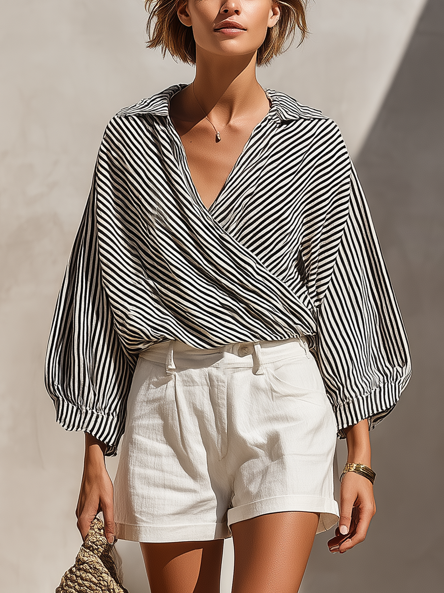 Silje | Stribet bluse- og shortssæt
