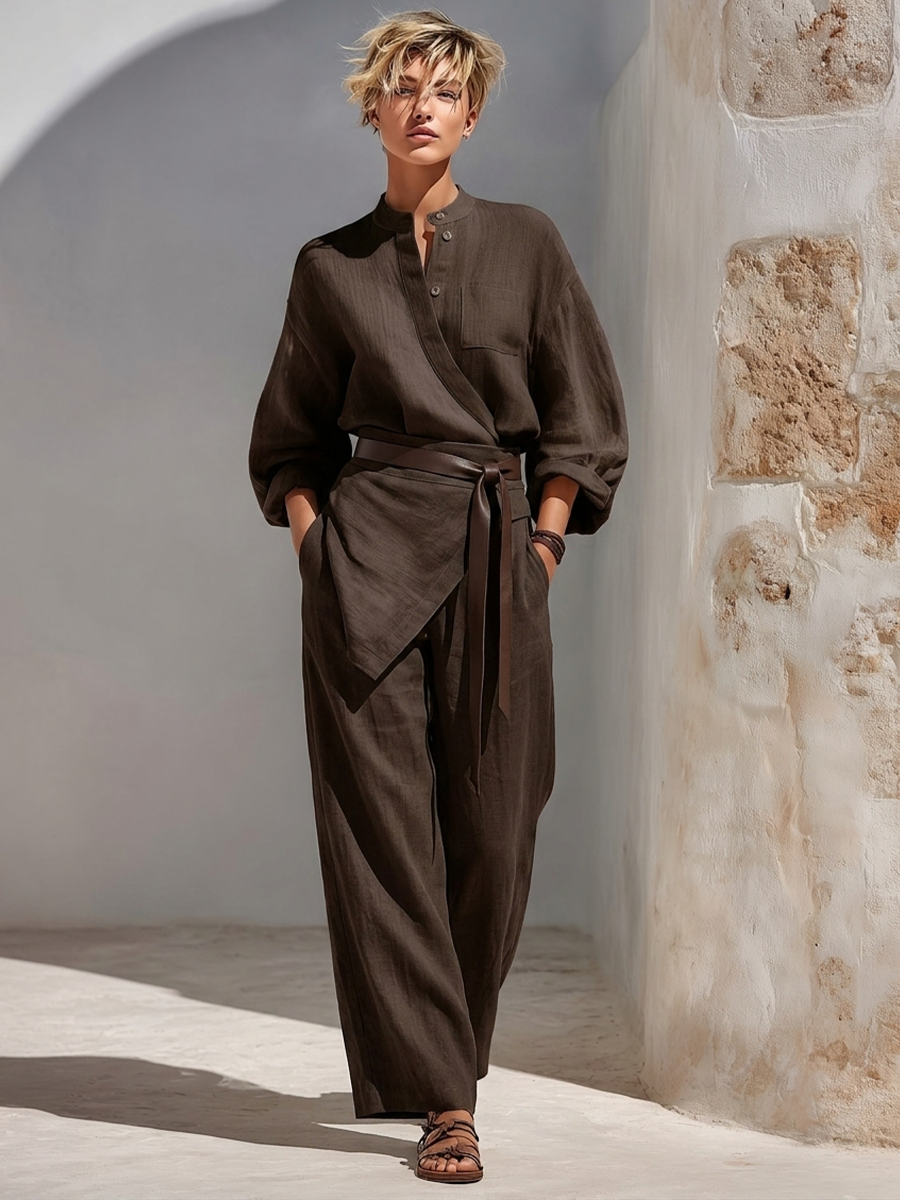 Trine | Stilrent linnedlook top- og buksesæt med vide bukser