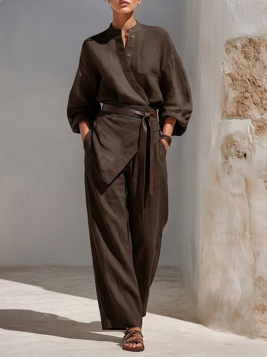 Trine | Stilrent linnedlook top- og buksesæt med vide bukser