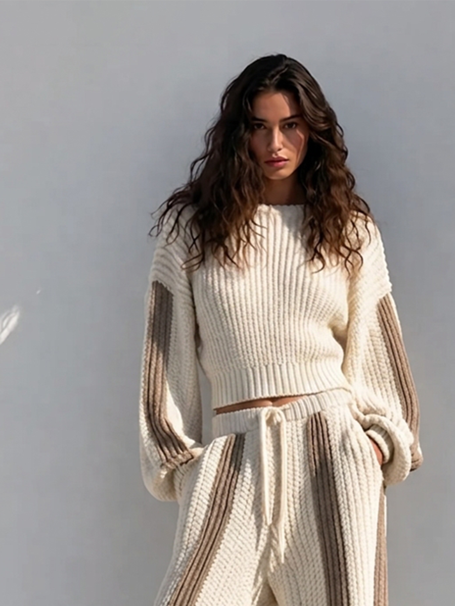 Franka | Stribet strikket sweater- og buksesæt med vide bukser