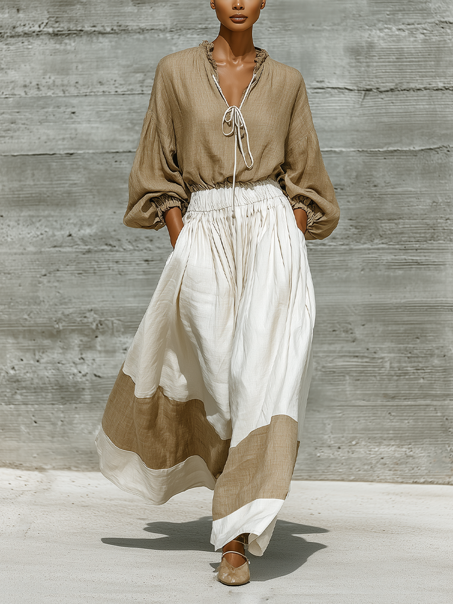 Dorte | Farveblok linnedlook bluse- og nederdelssæt
