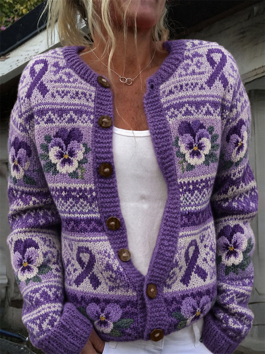 Freja | Vintage cardigan med lilla sløjfe og blomsterprint