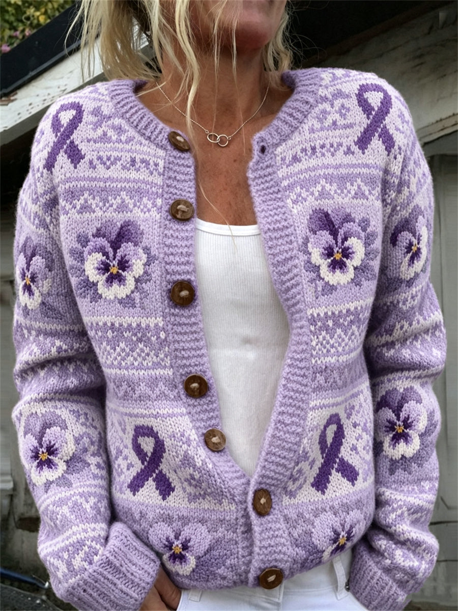 Freja | Vintage cardigan med lilla sløjfe og blomsterprint