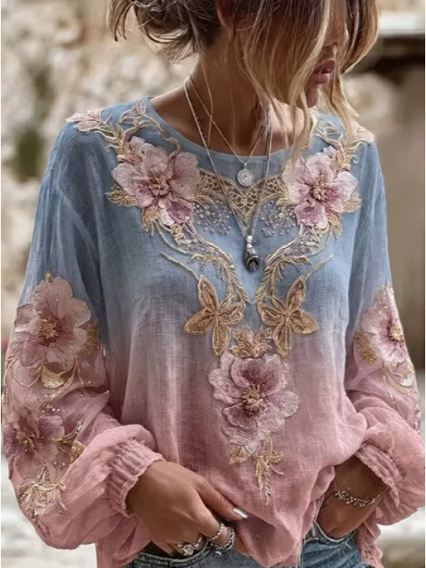 Aurora | Ombrebluse med gyldent blomsterbroderi