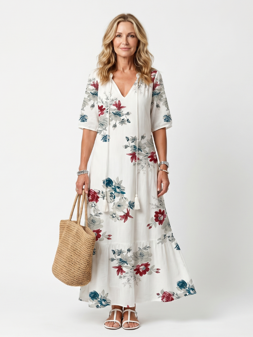 Maeva | Midikjole med spredt blomsterprint og kvastbindebånd