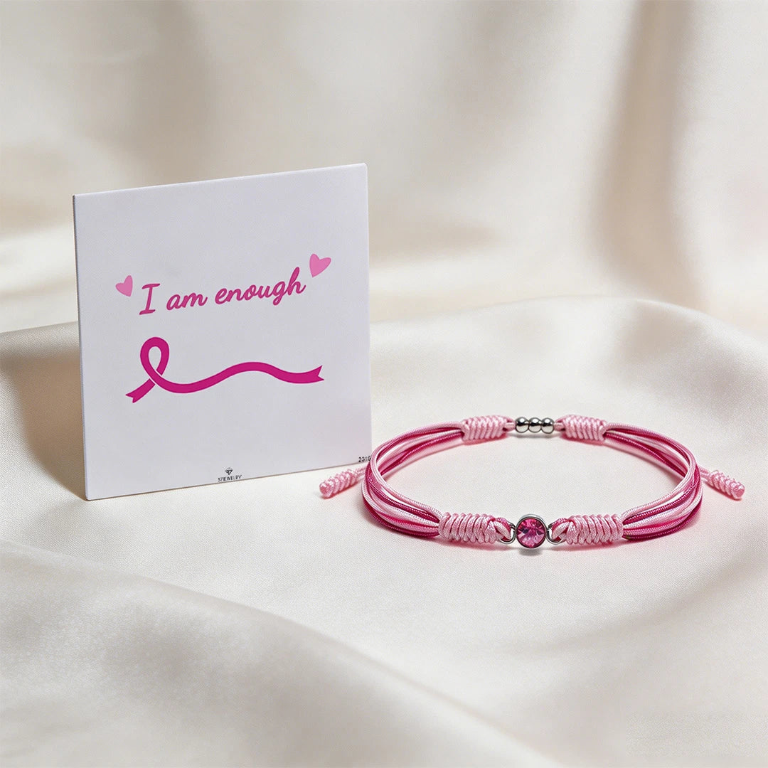 Brystkræftbevidsthed – Pink rund diamantarmbånd med snor | 1+1 gratis i dag