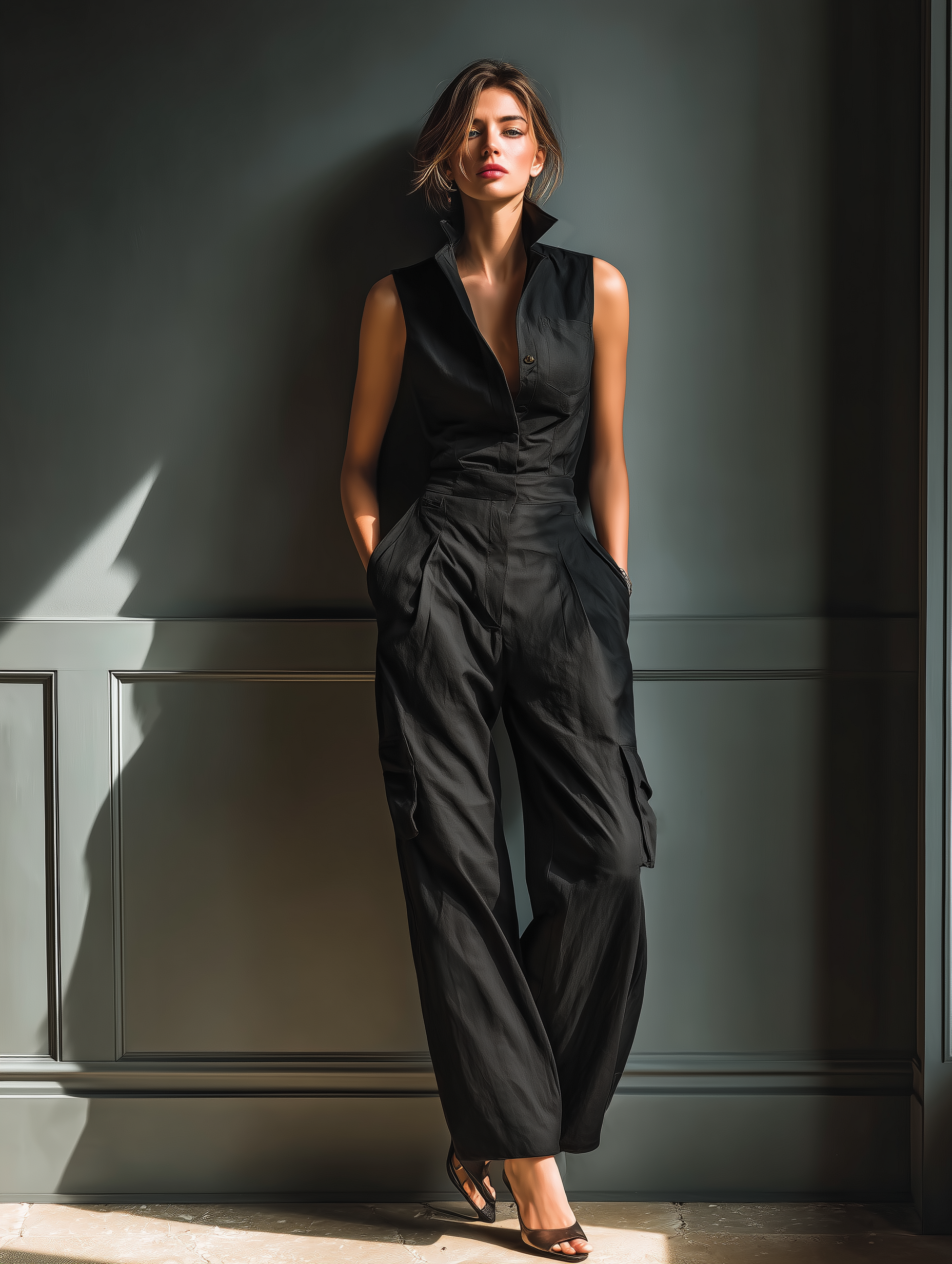 Silja | Ærmeløs jumpsuit med krave og cargolommer