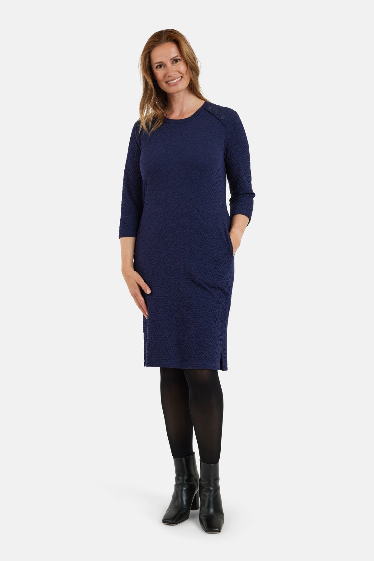 3/4 Ærmet Kjole - Navy - Knap Detalje