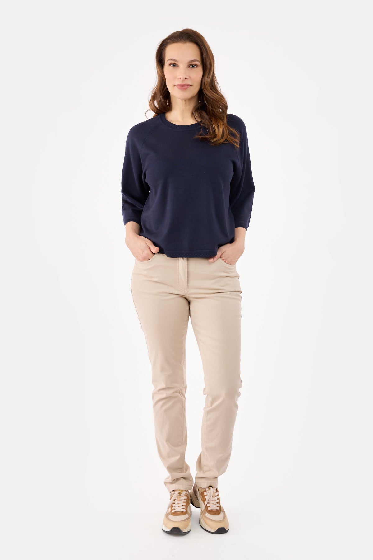 3/4 Ærmet Strik - Navy - Rund Hals