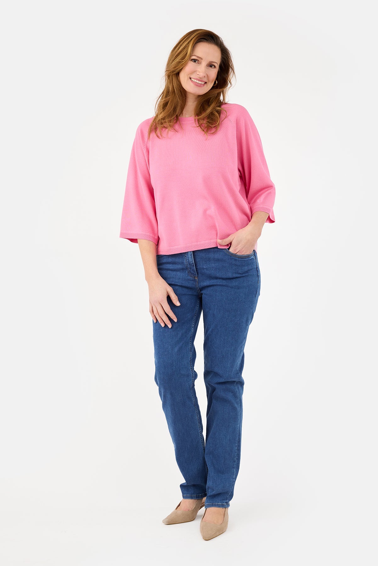 3/4 Ærmet Strik - Pink - Rund Hals