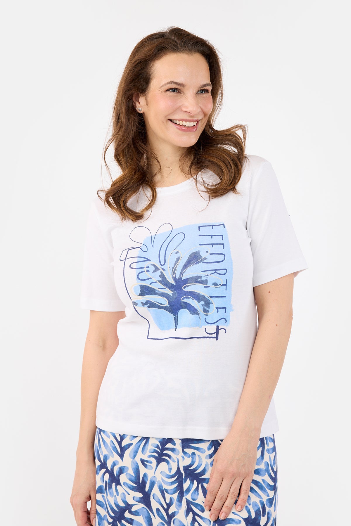 Kortærmet T-shirt - Hvid / Blå - Med Print