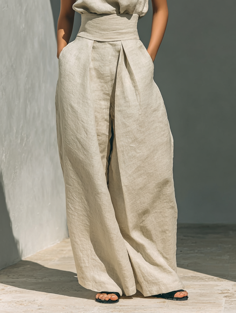 Liv | Stilrent linnedlook bluse- og buksesæt med vide bukser