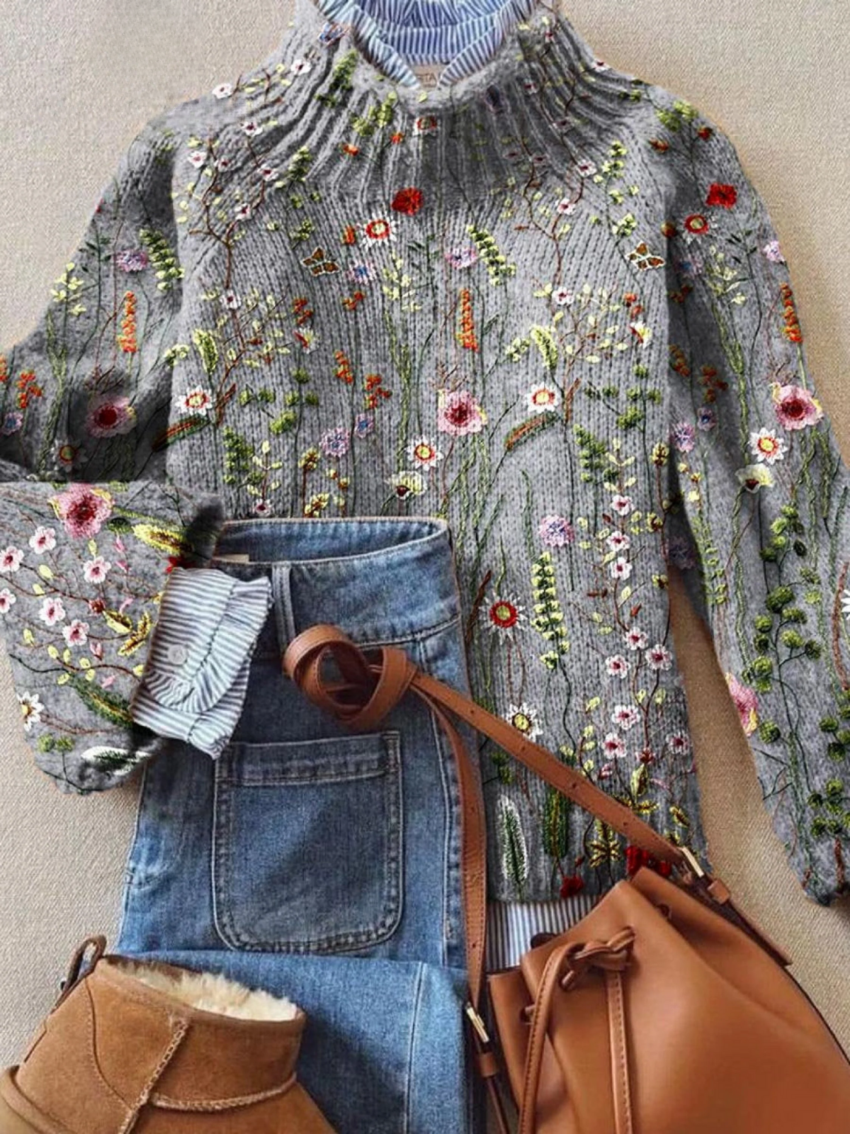 Josefine | Blød striktrøje med blomsterprint med vintage look med elegant udtryk
