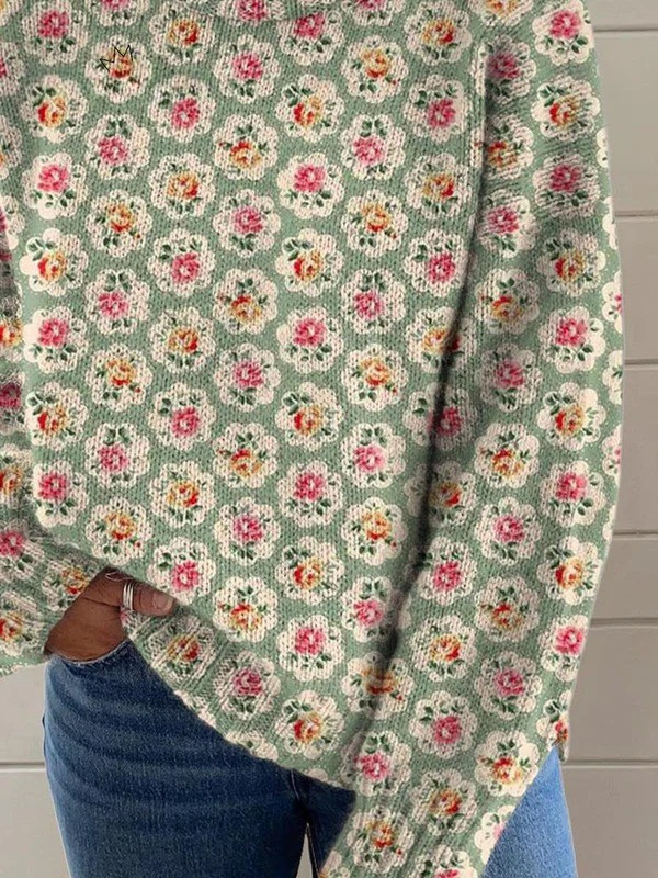 Alberte | Varm rollkravebluse med blomsterprint med kunstprint