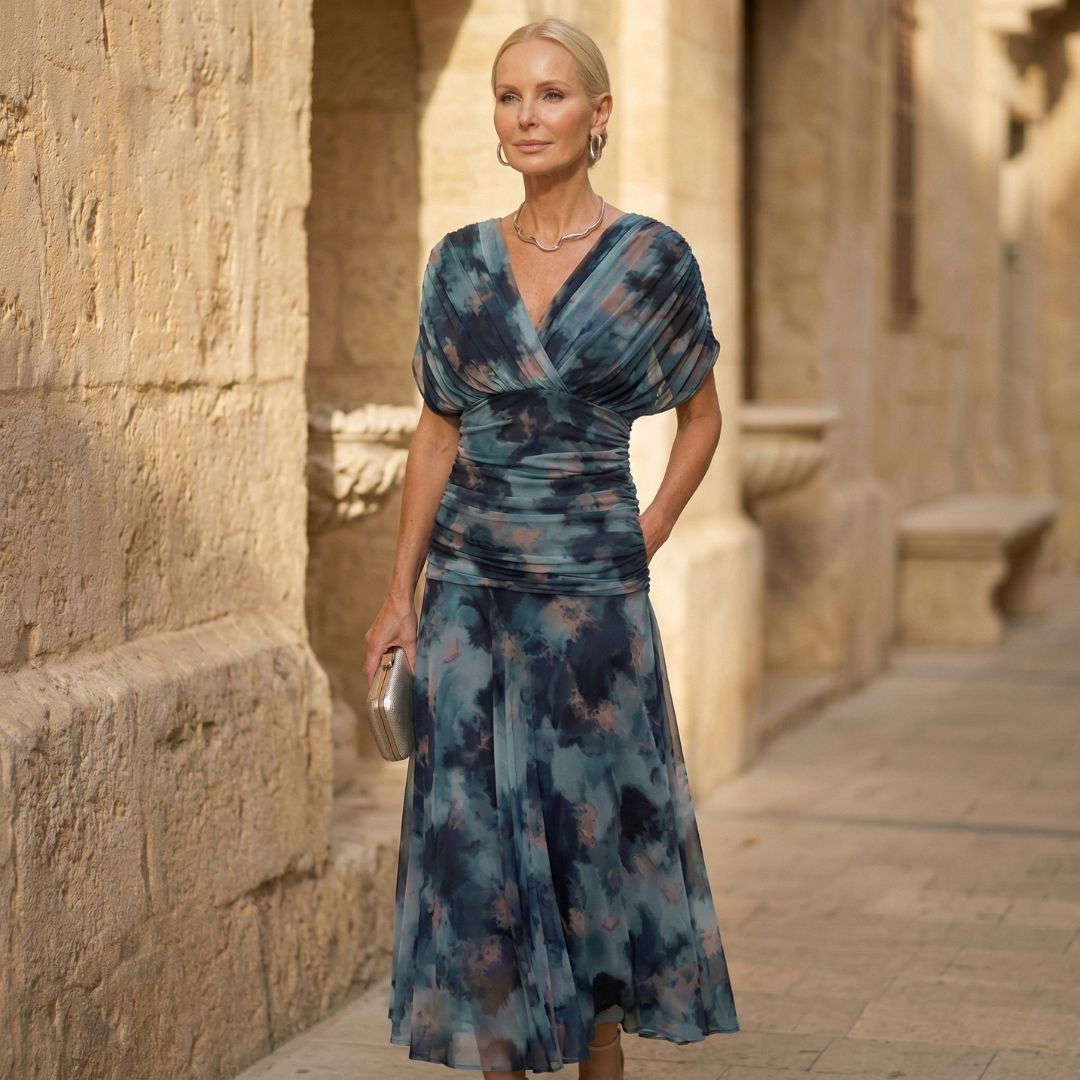 Luna | Elegant blå kjole med akvarelprint