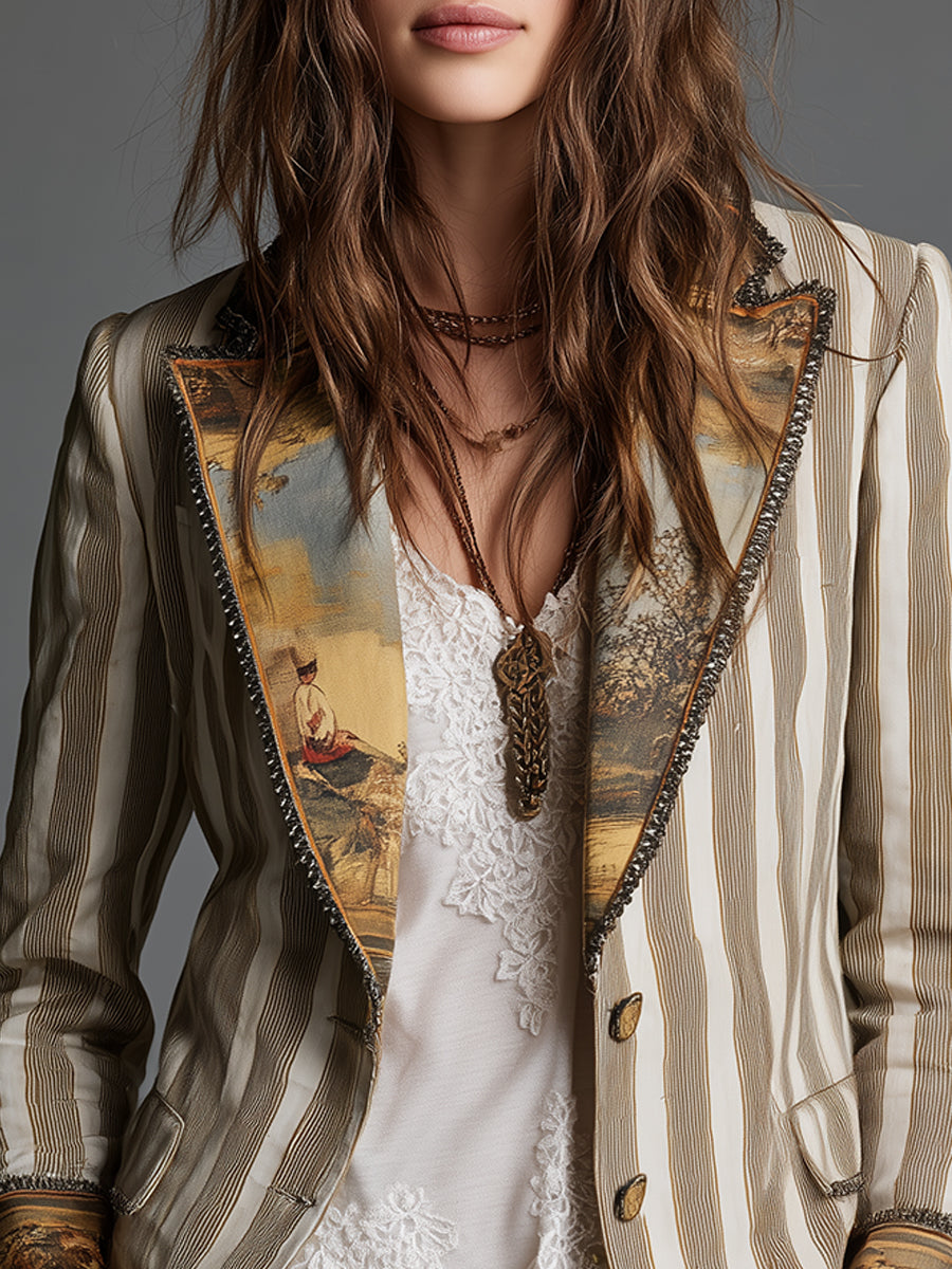 Saga | Boho-blazer med stribemønster og printet revers