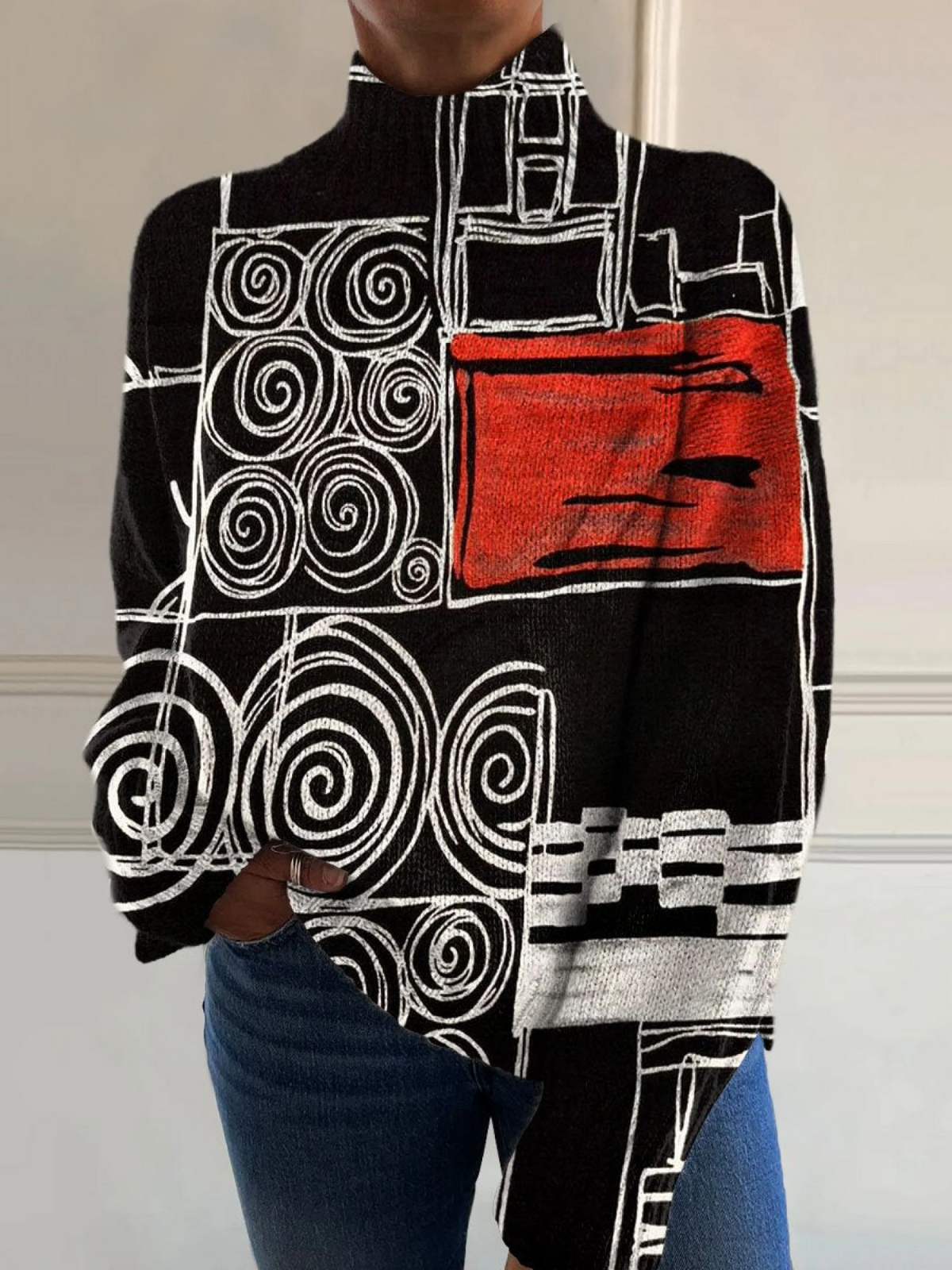 Naja | Varm rollkravebluse med kunstprint med farveblokke med runde former