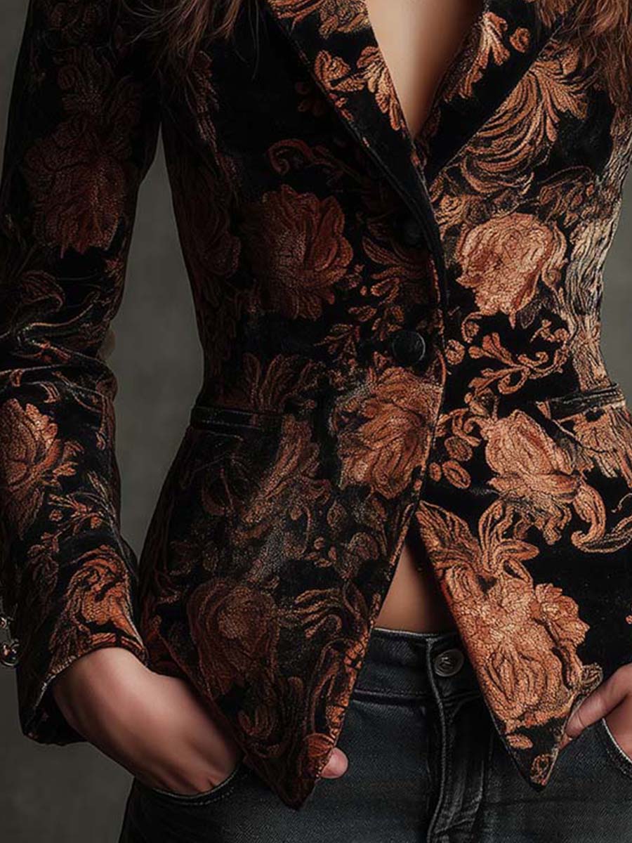 Ingrid | Figursyet blazer i sort og bronze med blomstermønster