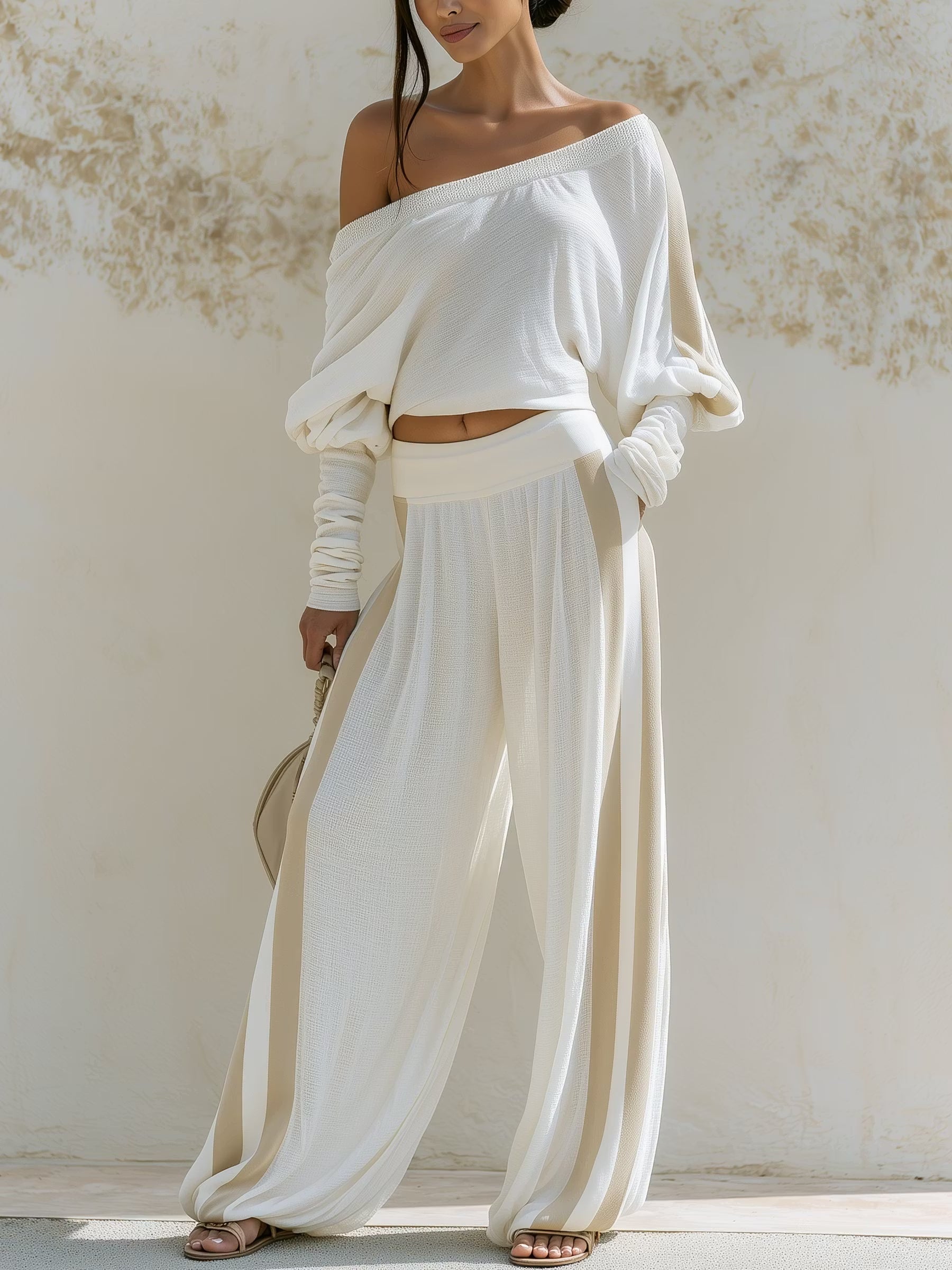 Ingrid | Sæt med top og bukser med stribet print med off-shoulder