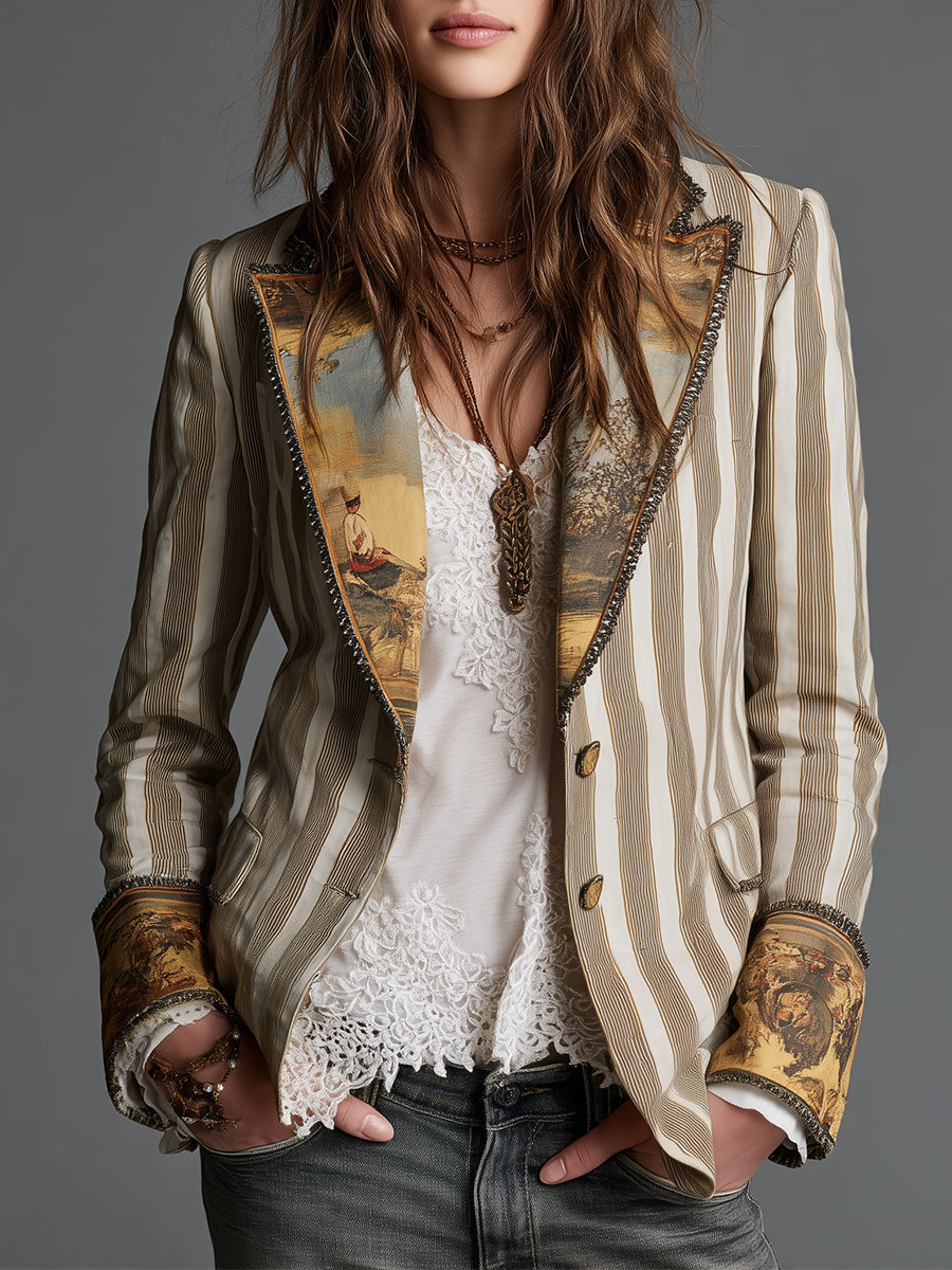 Saga | Boho-blazer med stribemønster og printet revers