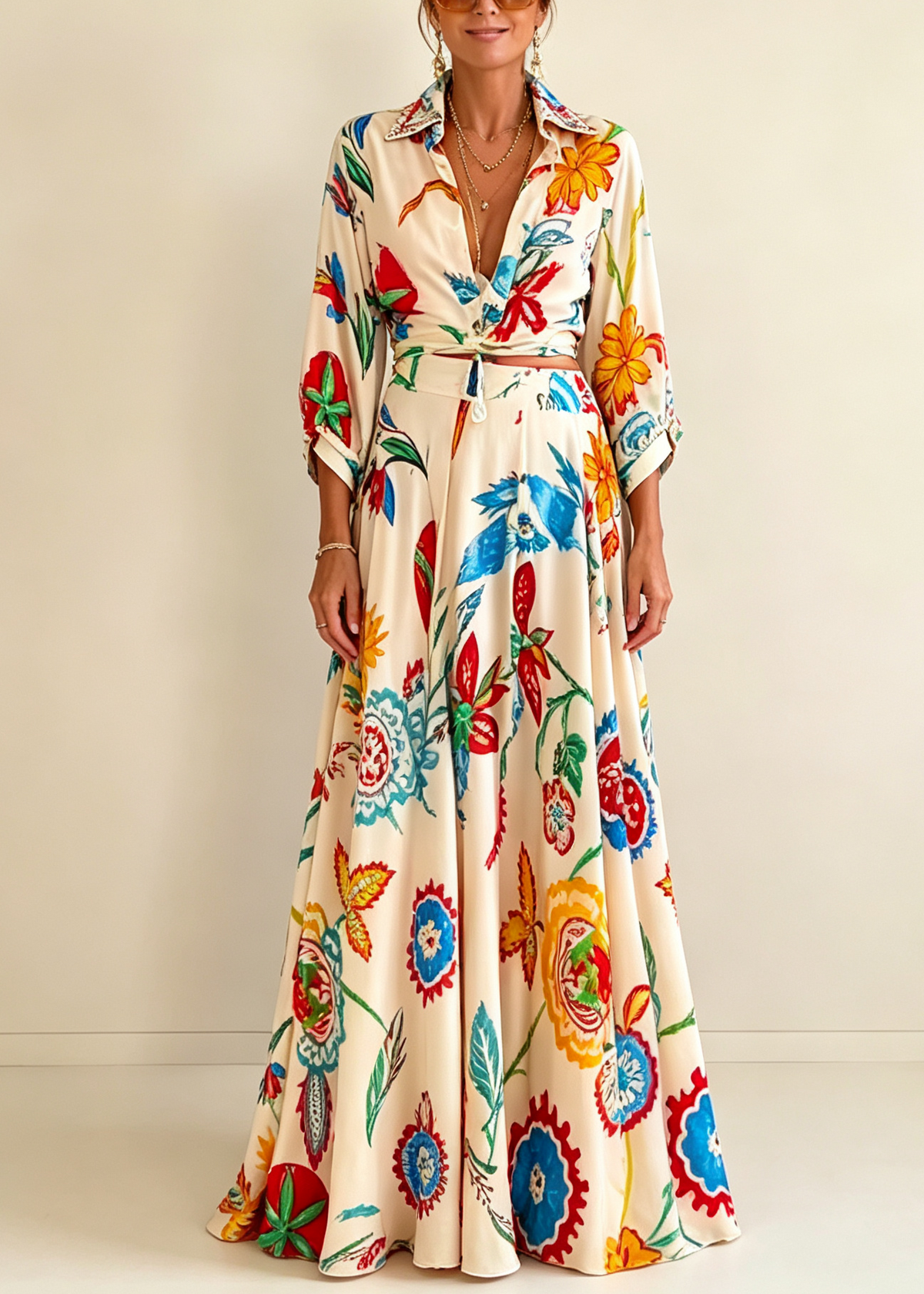 Solveig | Sæt med top og maxi-nederdel med blomsterprint med boheme med tropisk print