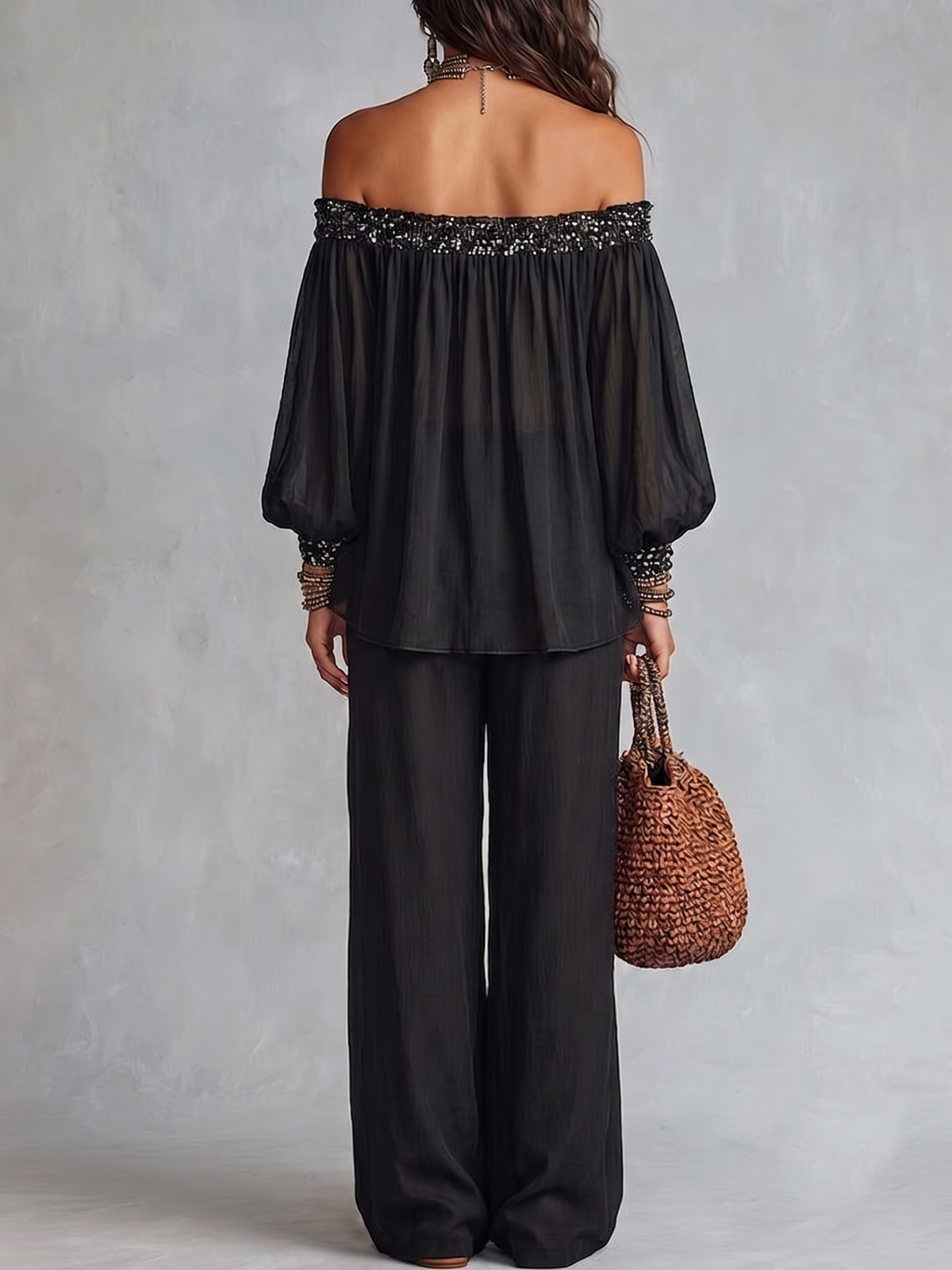 Ella | Sort sæt med top og bukser med vide ben med off-shoulder