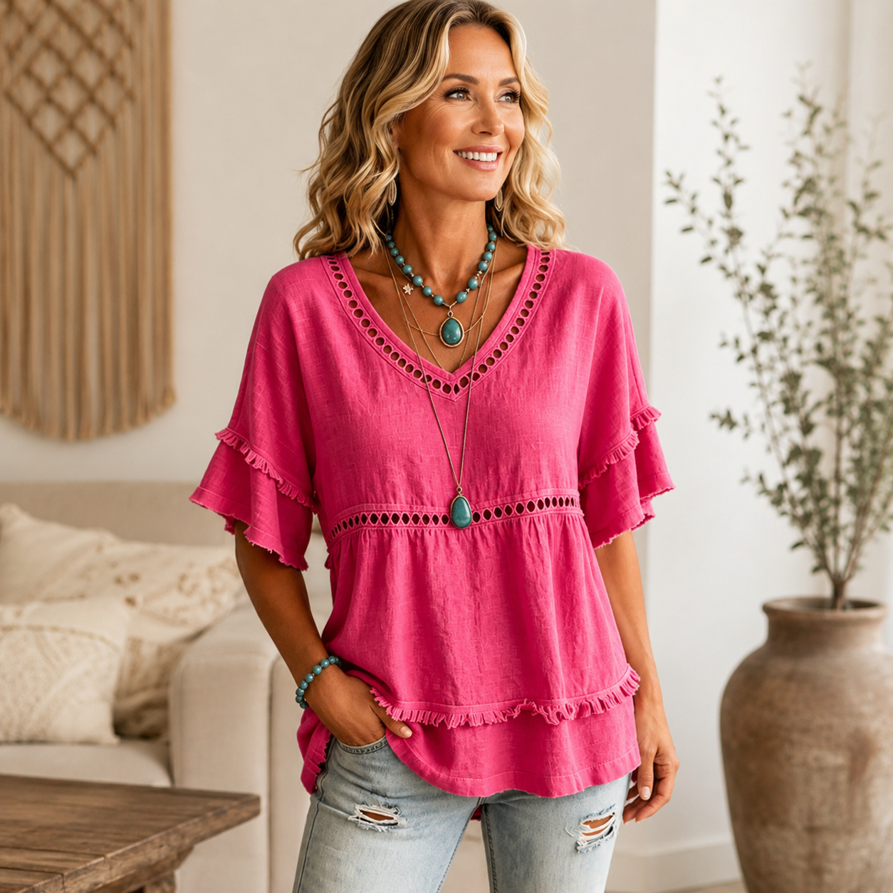 Fiora™ Selina Bohemebluse med Frynser og Udskæringer