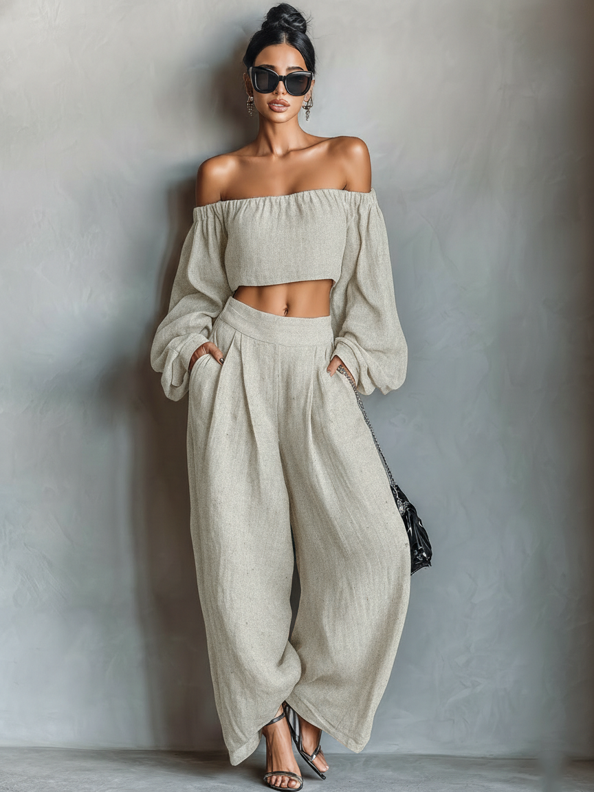 Asta | Stilrent linnedlook bluse- og buksesæt med vide bukser