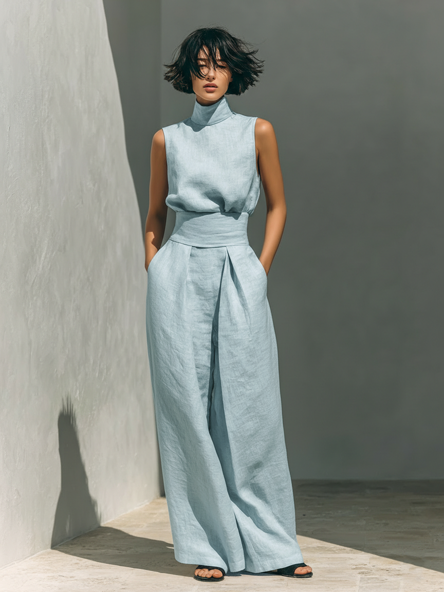 Liv | Stilrent linnedlook bluse- og buksesæt med vide bukser