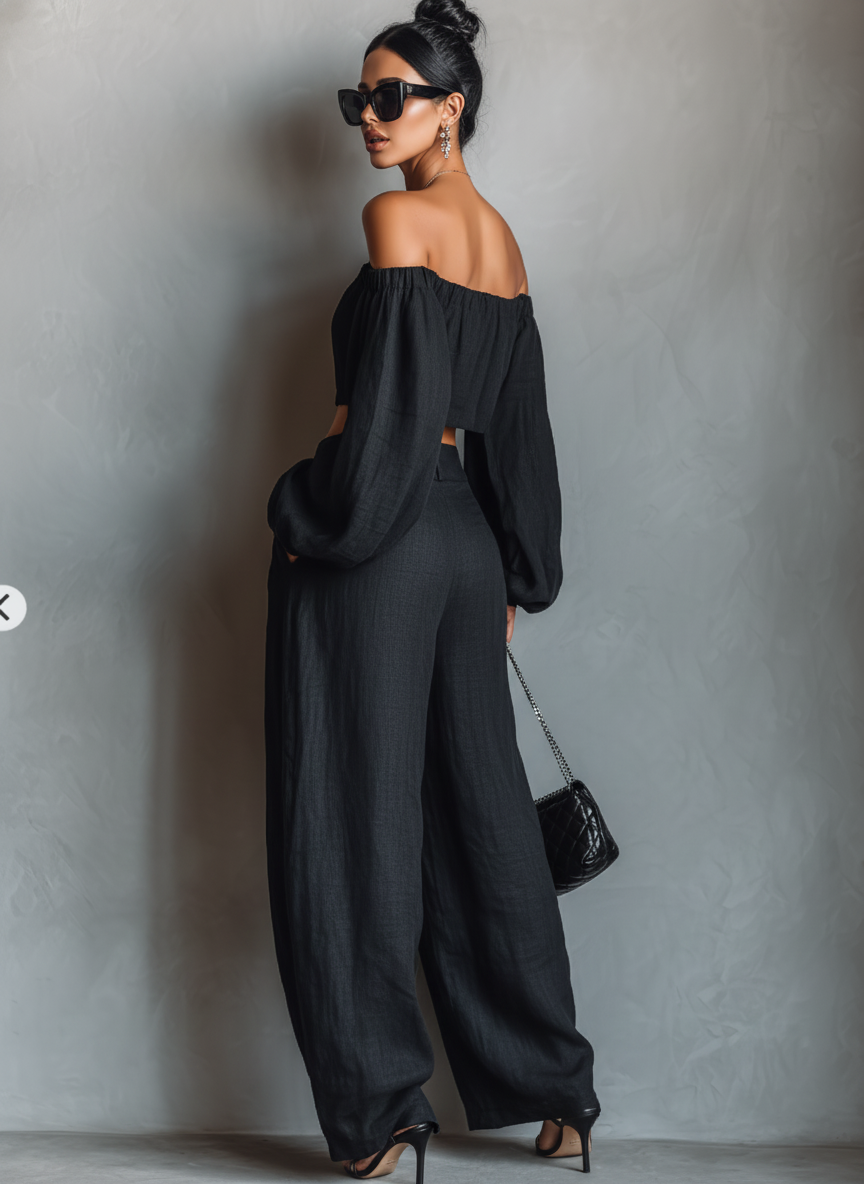 Asta | Stilrent linnedlook bluse- og buksesæt med vide bukser