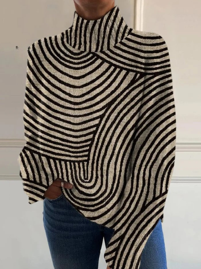 Ellen | Varm rollkravebluse med kunstprint med grafiske linjer