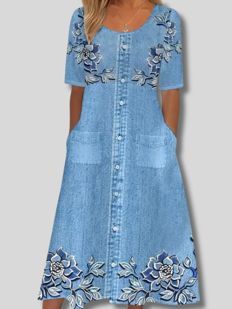 Fiora™ | Sommerkjole til kvinder med blomsterprint, rund hals, korte ærmer, lige snit og H-silhuet