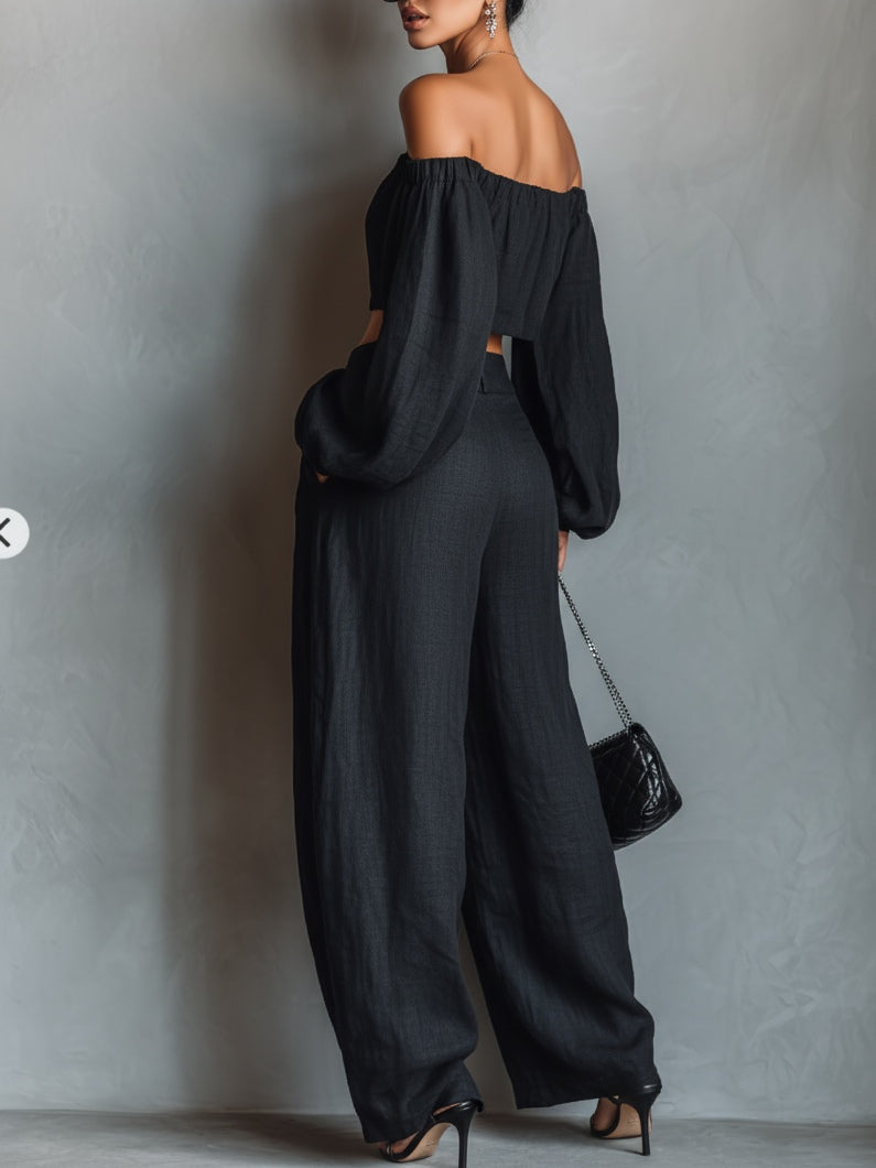 Frida | Sort sæt med top og bukser med vide ben med off-shoulder med langærmet