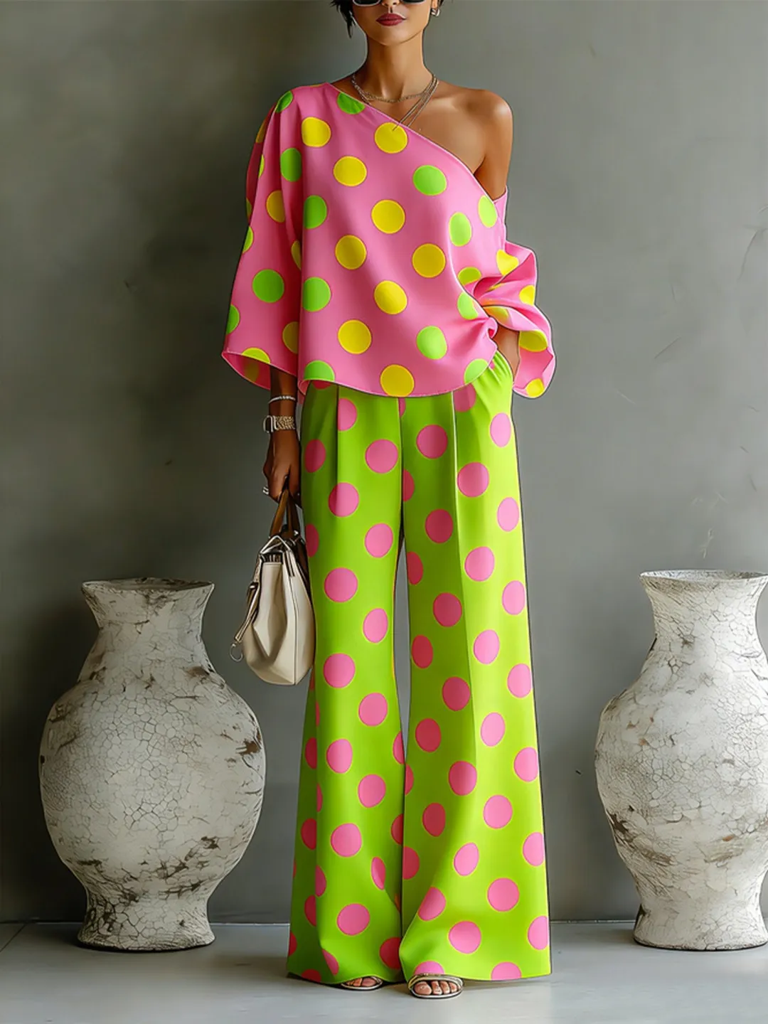 Rosa | Sæt med top og bukser med vide ben med prikket print med off-shoulder