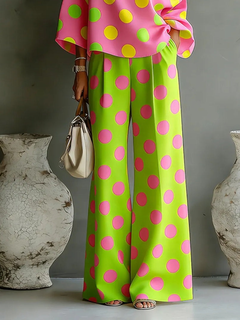 Rosa | Sæt med top og bukser med vide ben med prikket print med off-shoulder