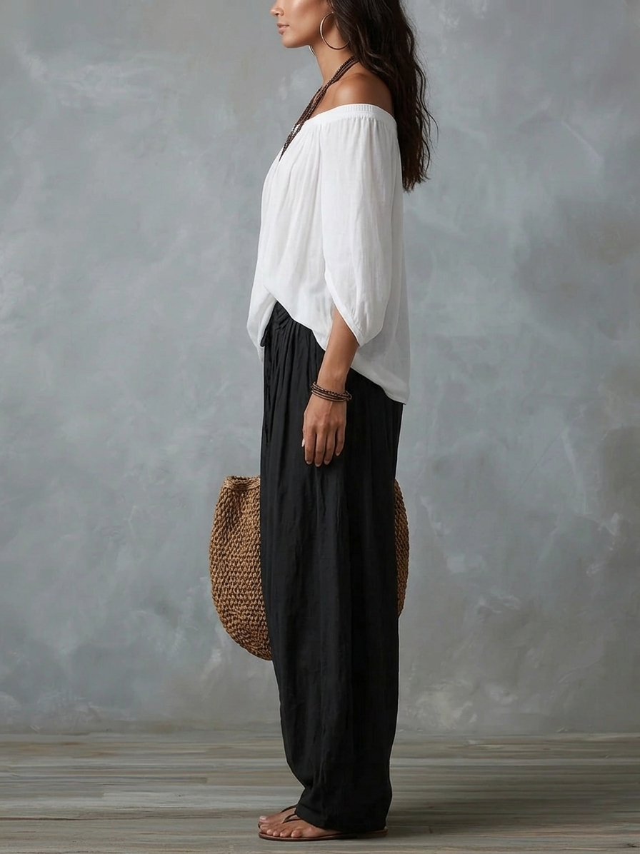 Ingrid | Hvid sæt med top og ballonbukser med off-shoulder