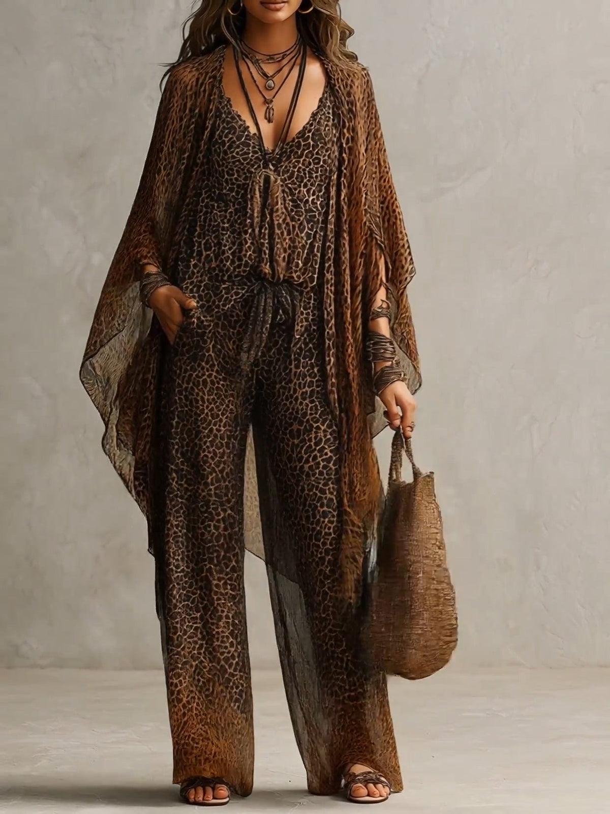 Viola | Tredelt sæt med kimono med leopardprint med boheme