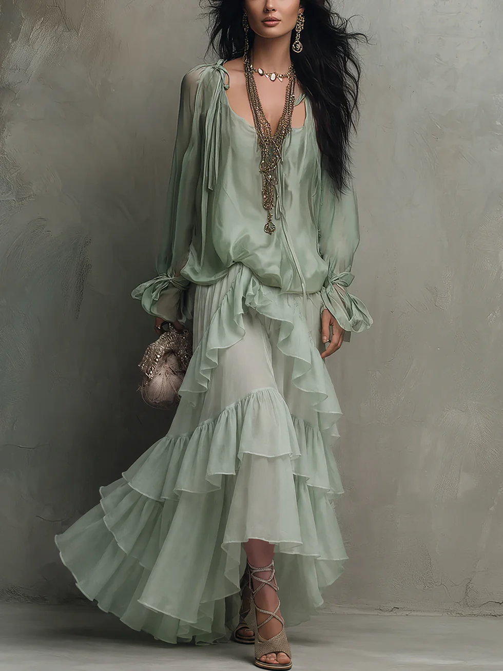 Klara | Mintgrøn-grøn sæt med top og nederdel med flæsedetaljer med chiffon
