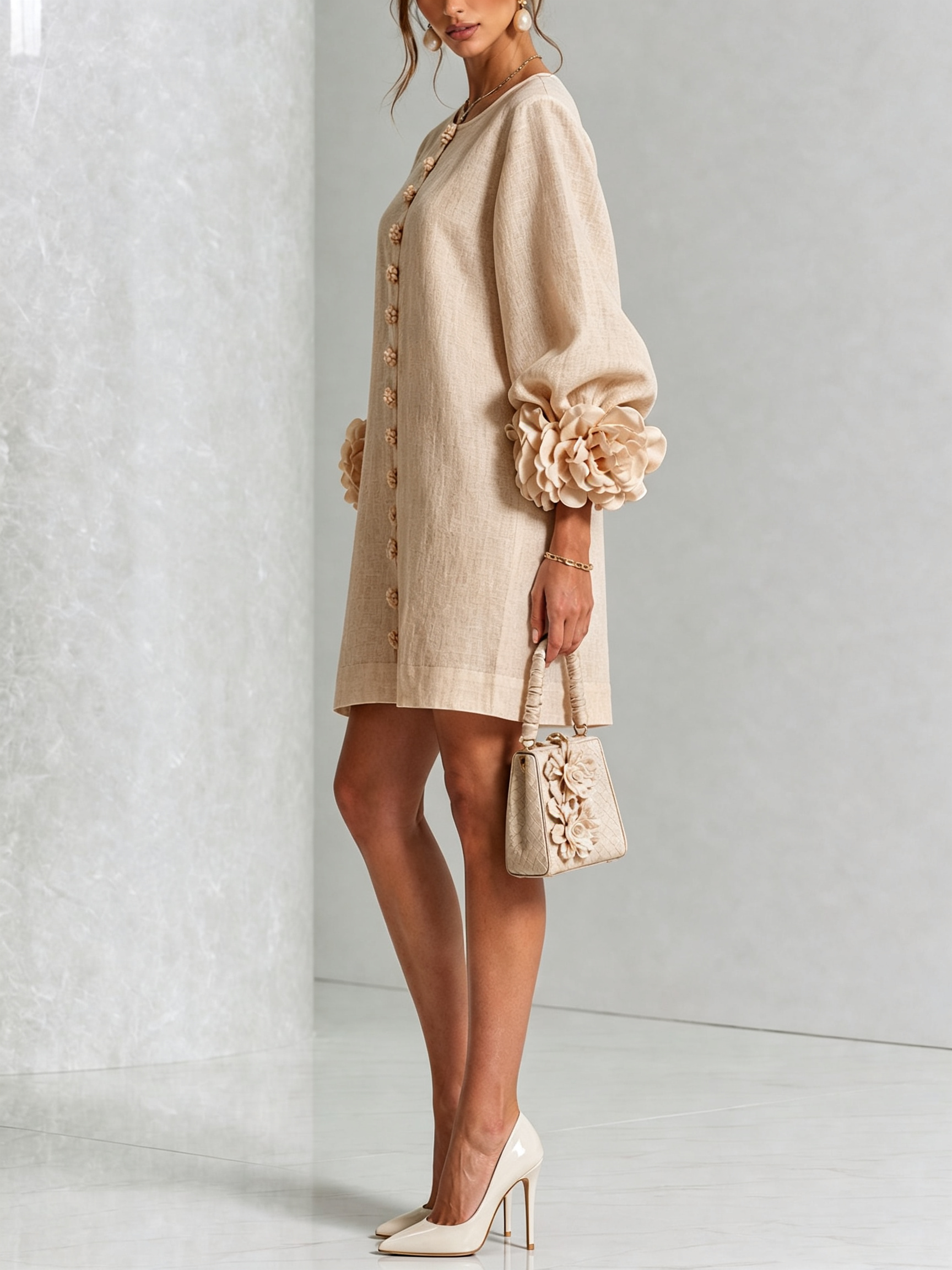 Ingrid | Beige mini-kjole med blomsterknapper og markante blomstermanchetter