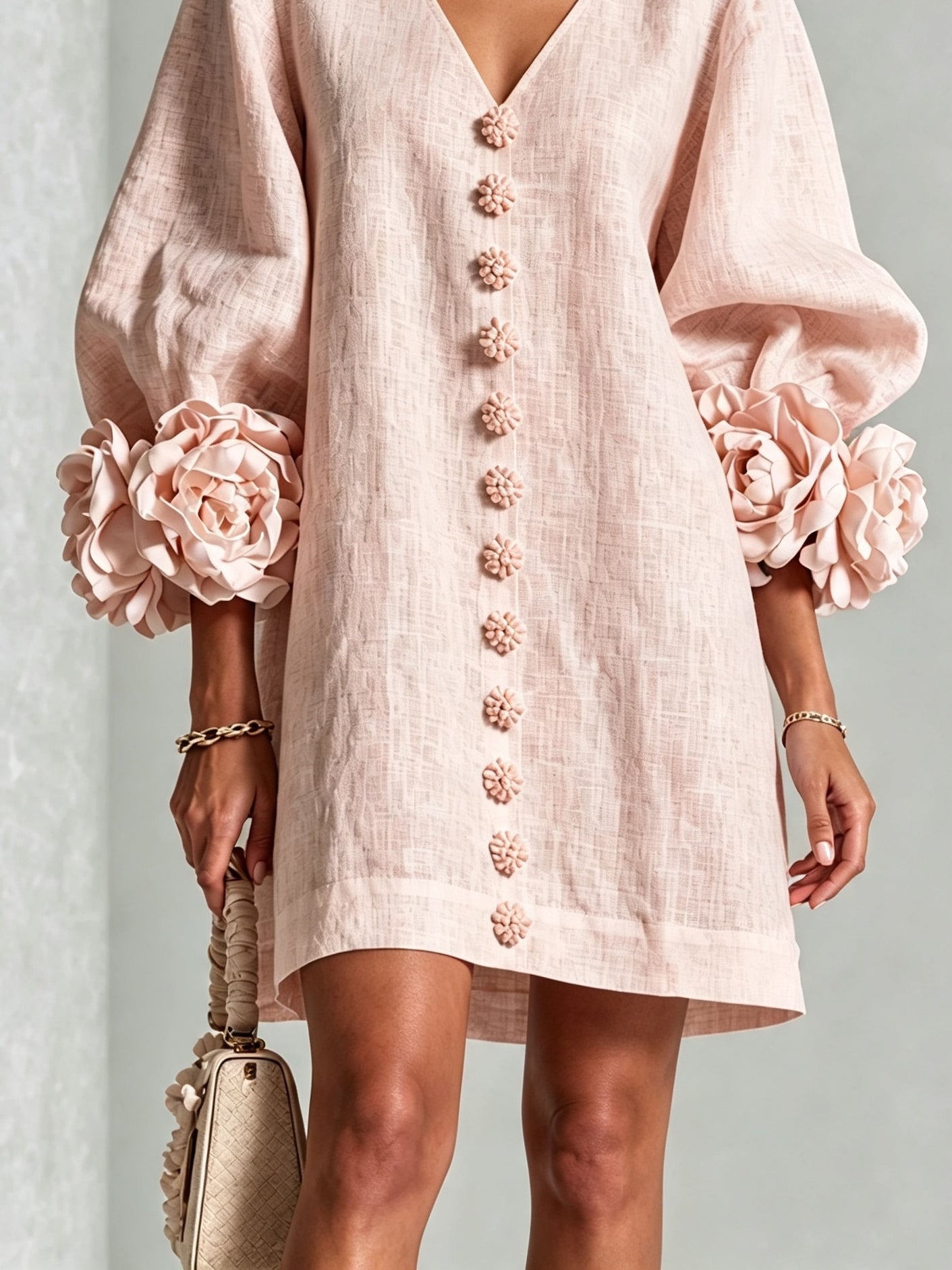 Ella | Rosa V-hals mini-kjole med blomsterknapper og blomstermanchetter