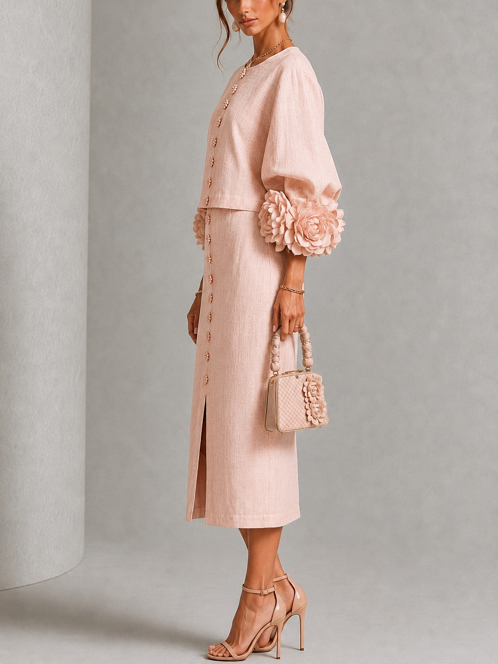 Cecilie | Rosa sæt med top og nederdel med blomsterprint